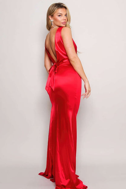 Sleeveless Deep V Low Back Bow Maxi Dress - The Diva Goddess