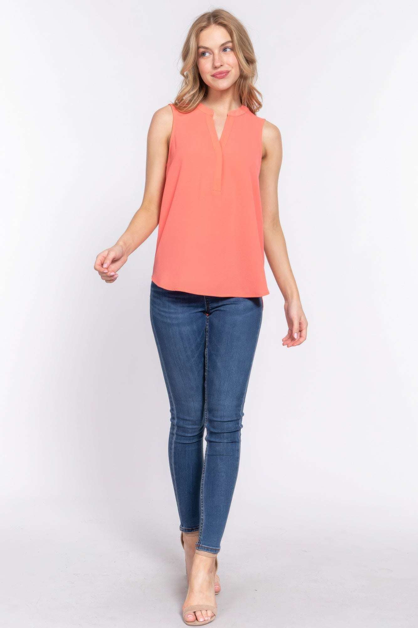 Sleeveless Henley Neck Woven Top - The Diva Goddess