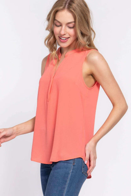 Sleeveless Henley Neck Woven Top - The Diva Goddess