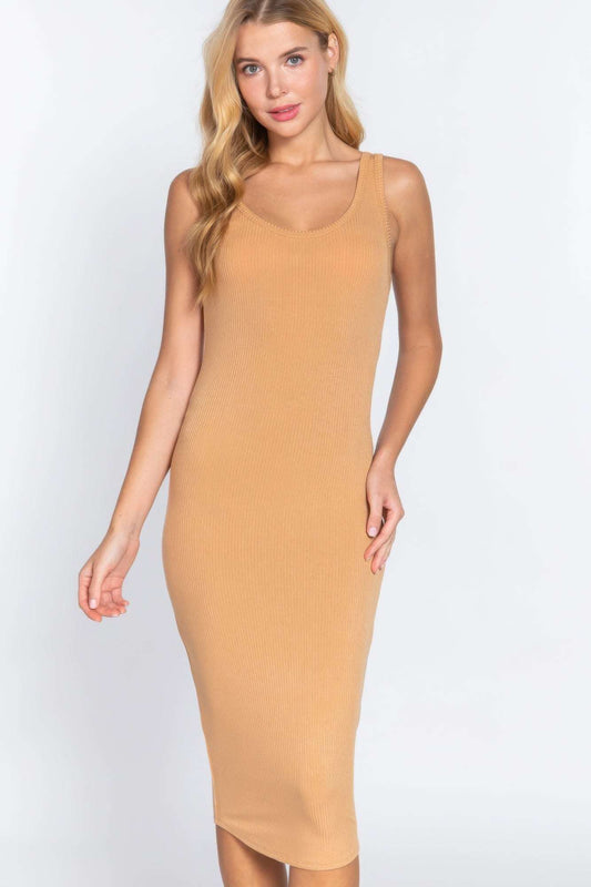 Sleeveless Scoop Neck Rib Midi Dress - The Diva Goddess