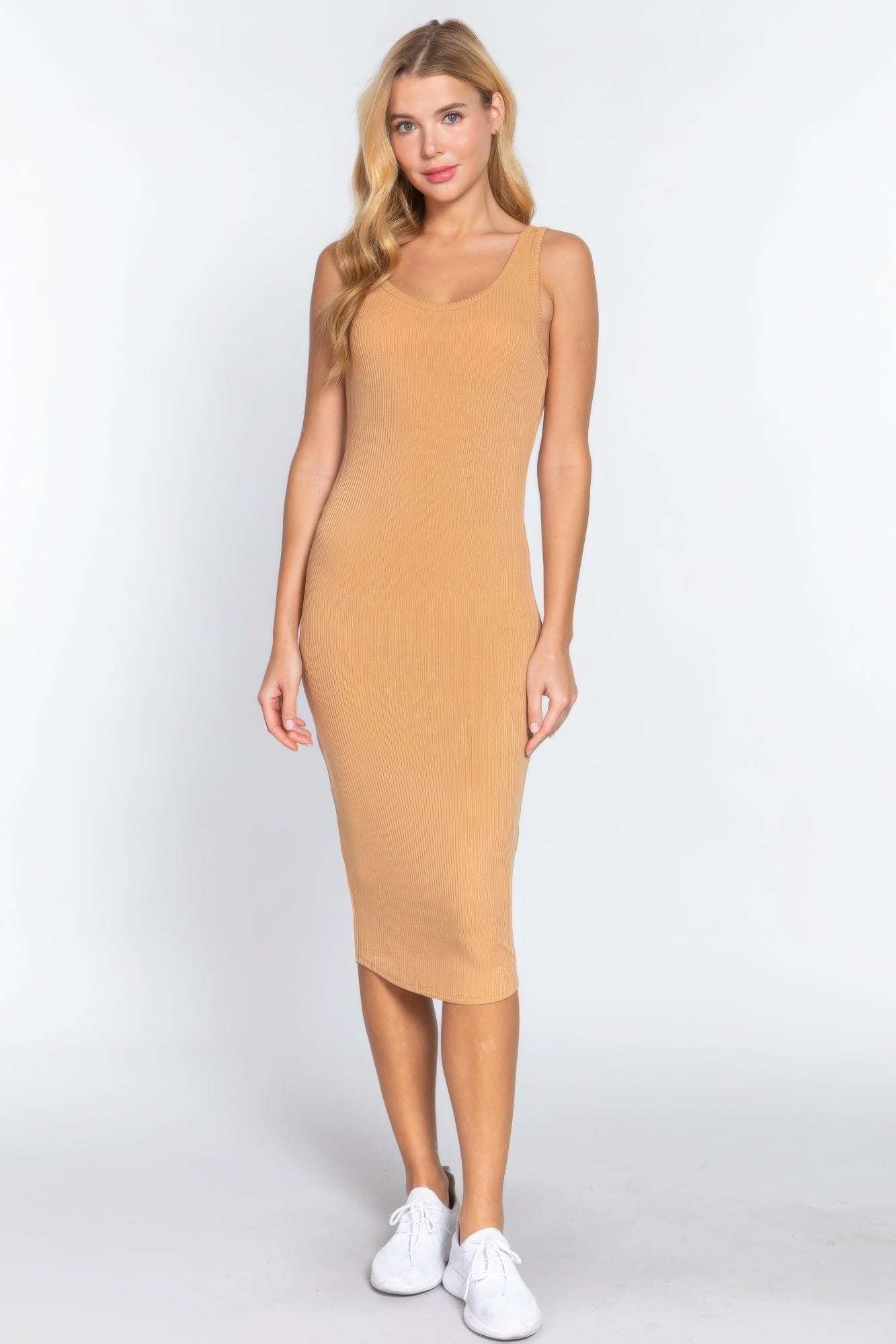 Sleeveless Scoop Neck Rib Midi Dress - The Diva Goddess