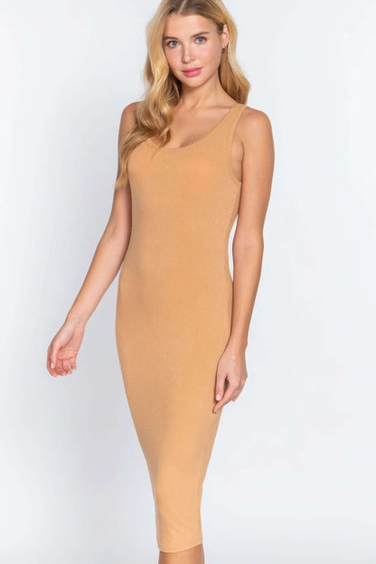 Sleeveless Scoop Neck Rib Midi Dress - The Diva Goddess