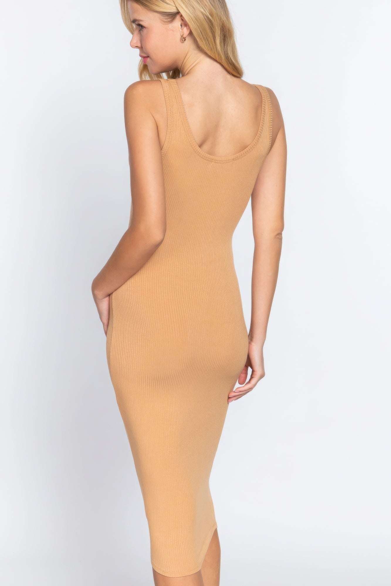 Sleeveless Scoop Neck Rib Midi Dress - The Diva Goddess