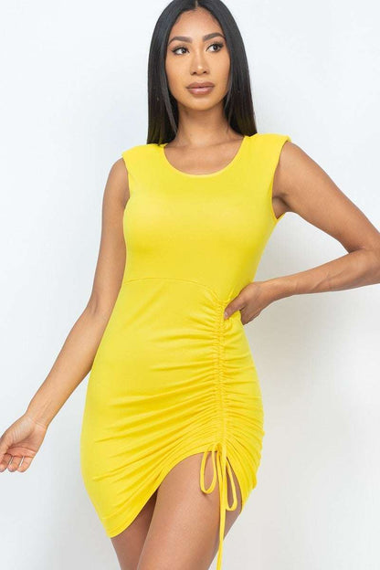 Sleeveless Shoulder Pad Drawstring Ruched Mini Dress - The Diva Goddess