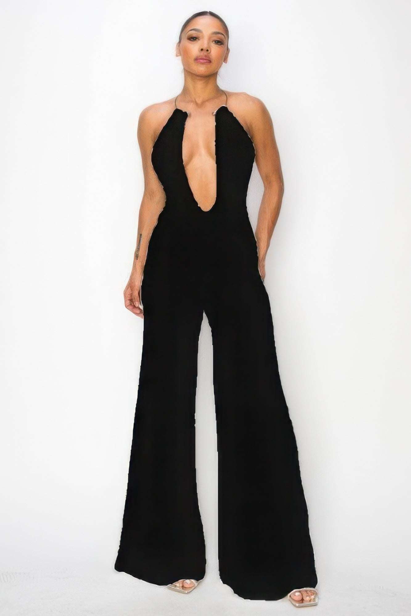 Slinky Wide Leg Jumpsuit W/metal Choker Necklace - The Diva Goddess