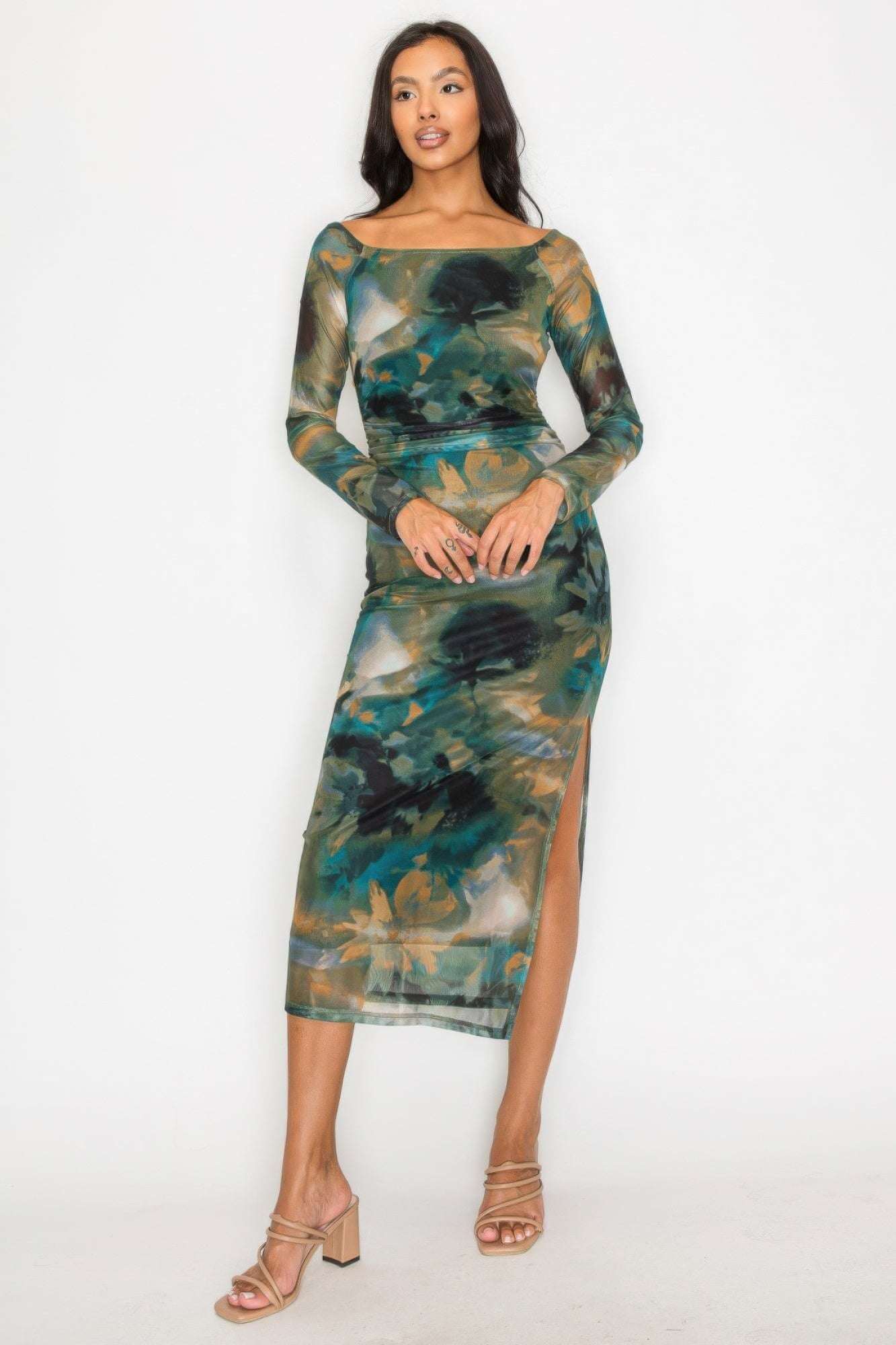 Slit Off-shoulder Mesh Printed Dress - The Diva Goddess