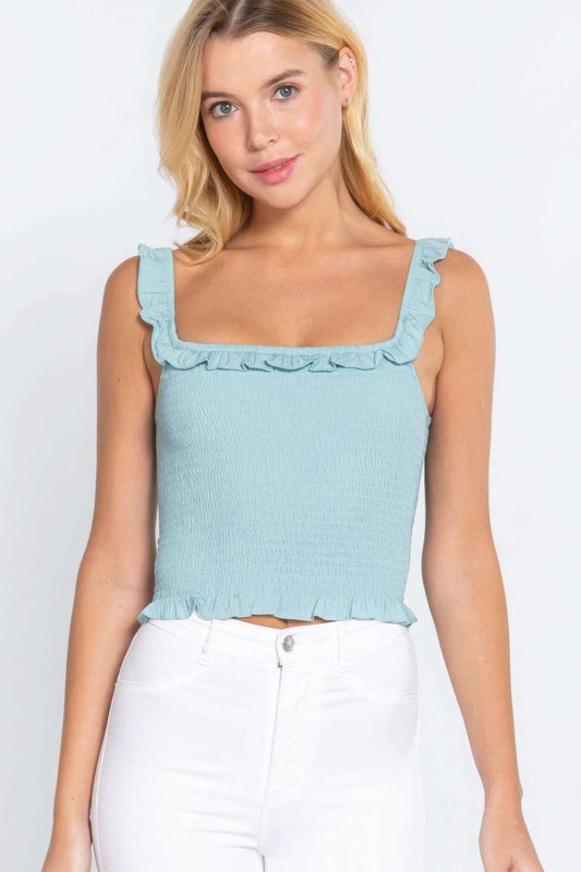 Smocking Ruffle Cami Woven Top - The Diva Goddess