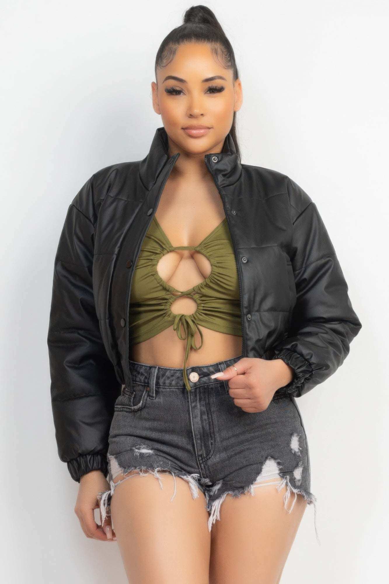 Snap Button Padded Crop Jacket - The Diva Goddess