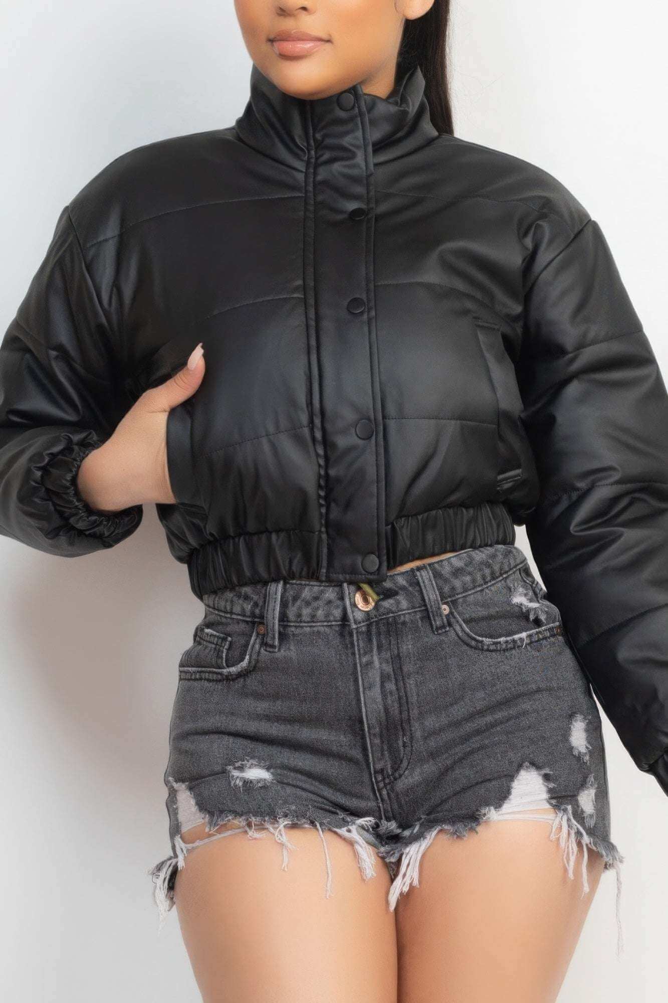 Snap Button Padded Crop Jacket - The Diva Goddess