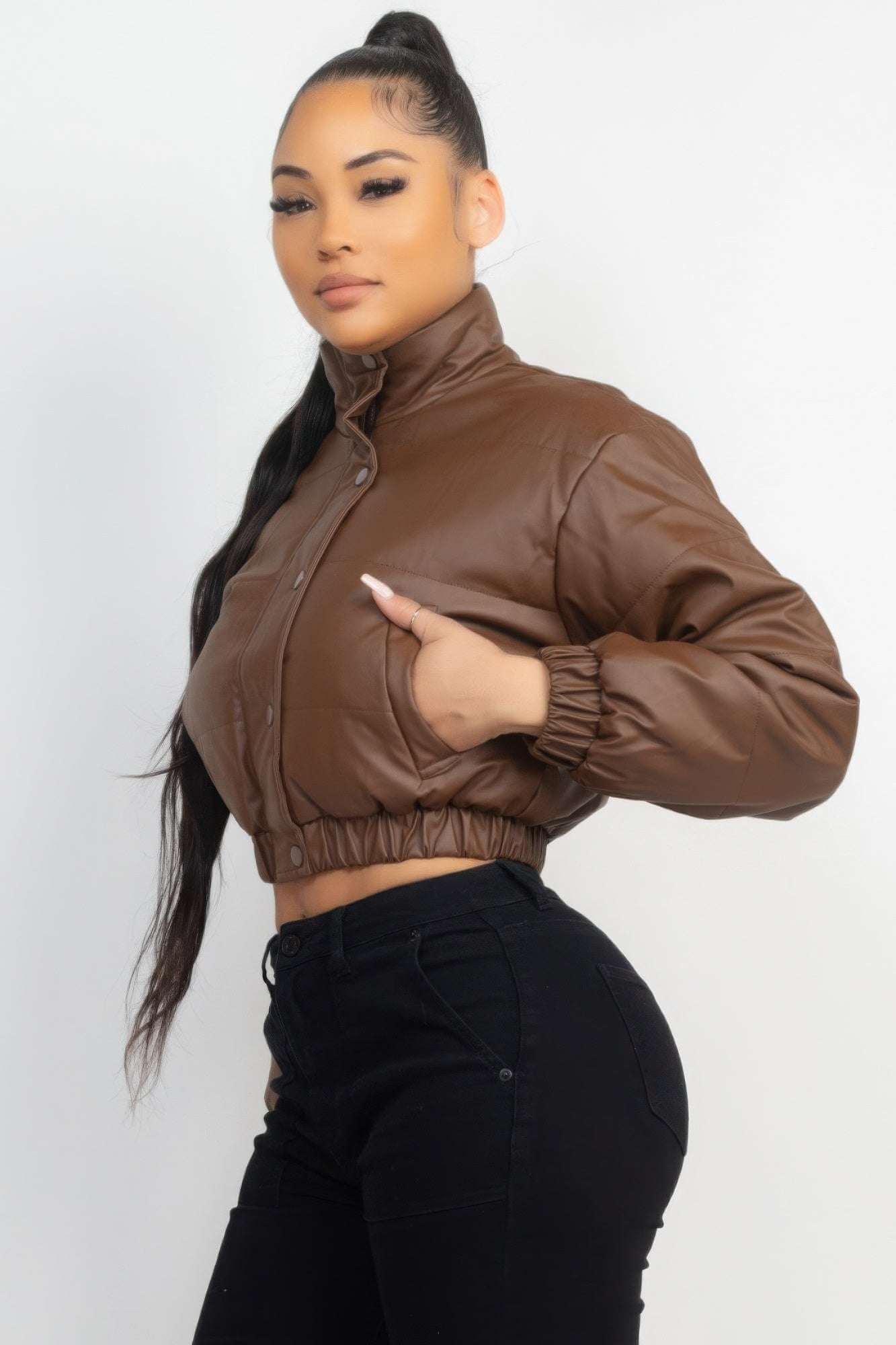 Snap Button Padded Crop Jacket - The Diva Goddess