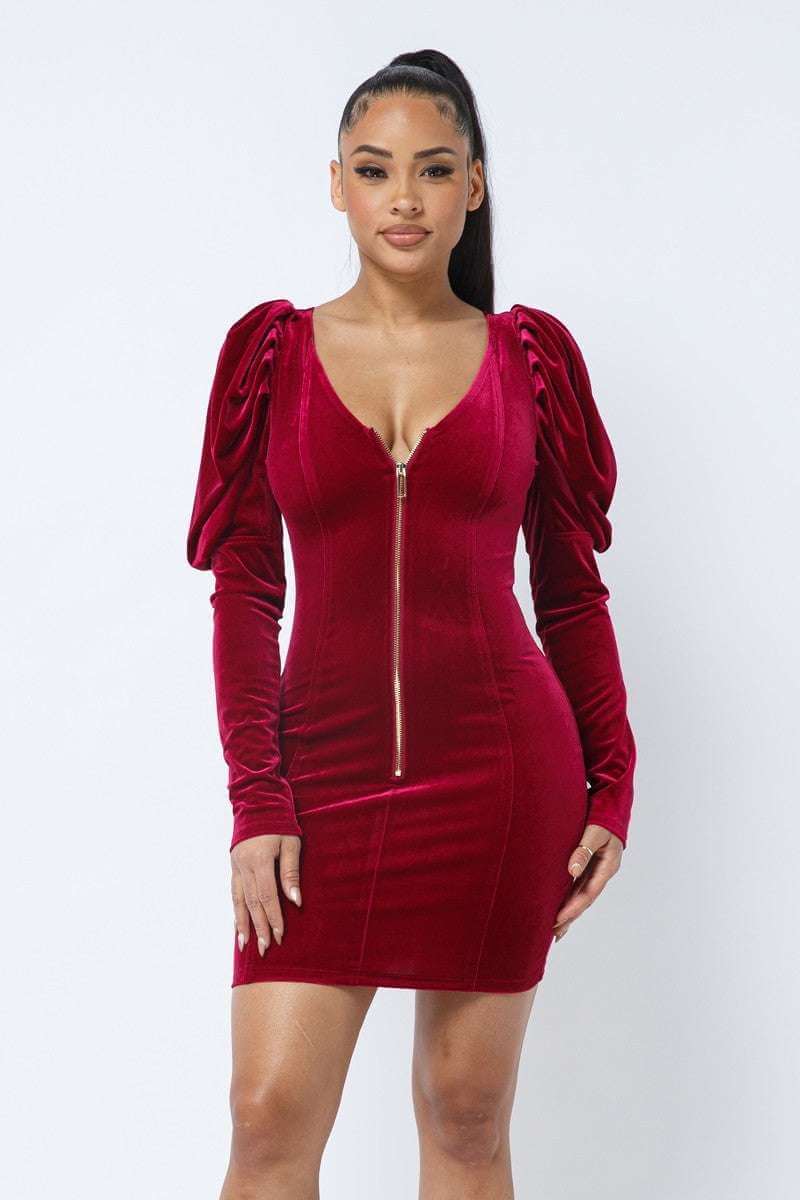 Soft Velvet Pleated Puff Sleeve Low V Neck Front And Back Mini Dress - The Diva Goddess