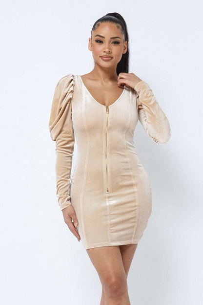 Soft Velvet Pleated Puff Sleeve Low V Neck Front And Back Mini Dress - The Diva Goddess