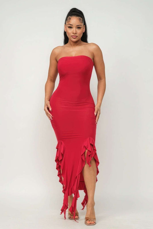 Solid Bottom Ruffle Trim Hem Slit Tube Maxi Dress - The Diva Goddess