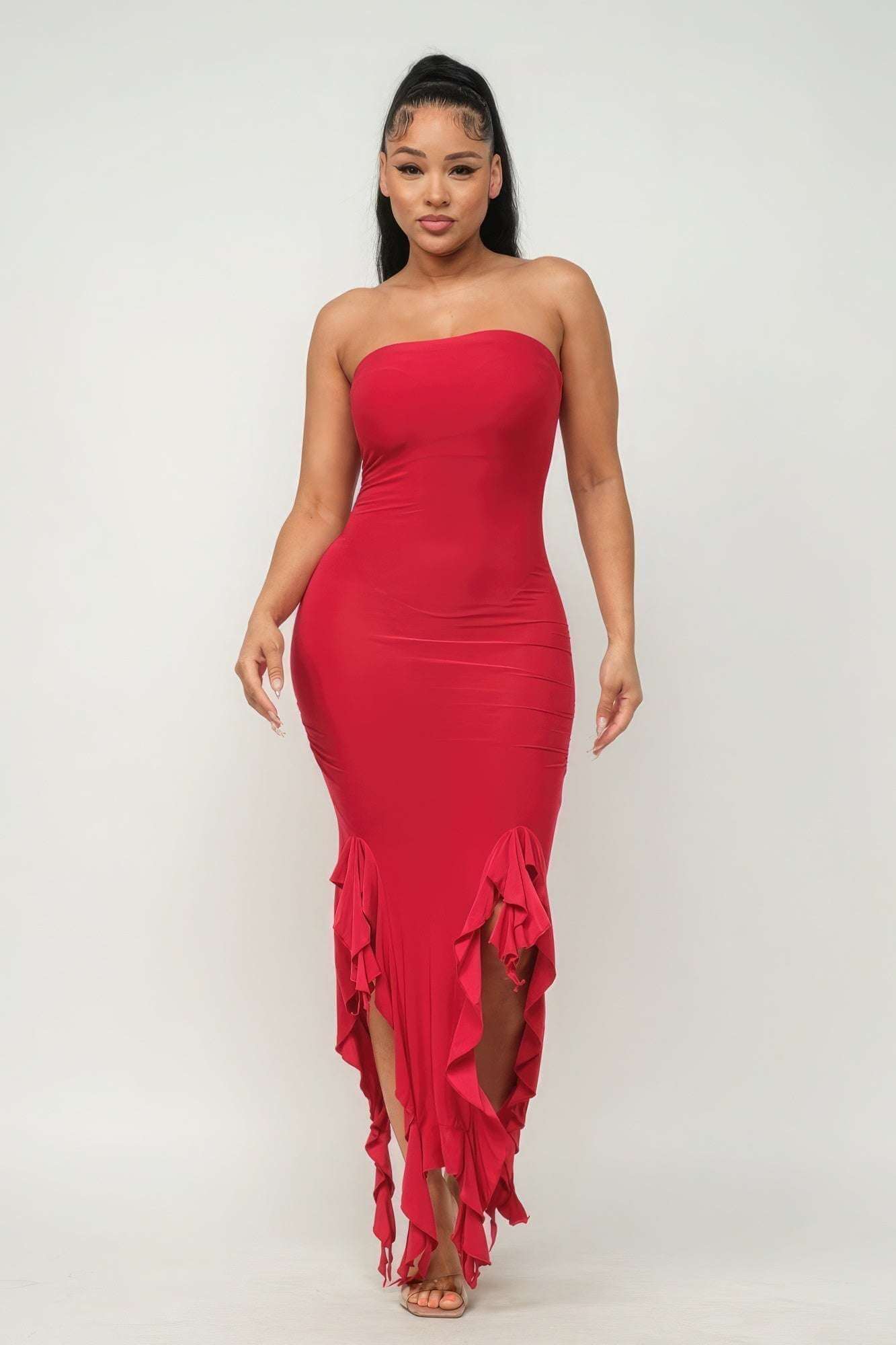 Solid Bottom Ruffle Trim Hem Slit Tube Maxi Dress - The Diva Goddess