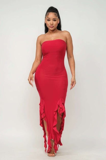 Solid Bottom Ruffle Trim Hem Slit Tube Maxi Dress - The Diva Goddess