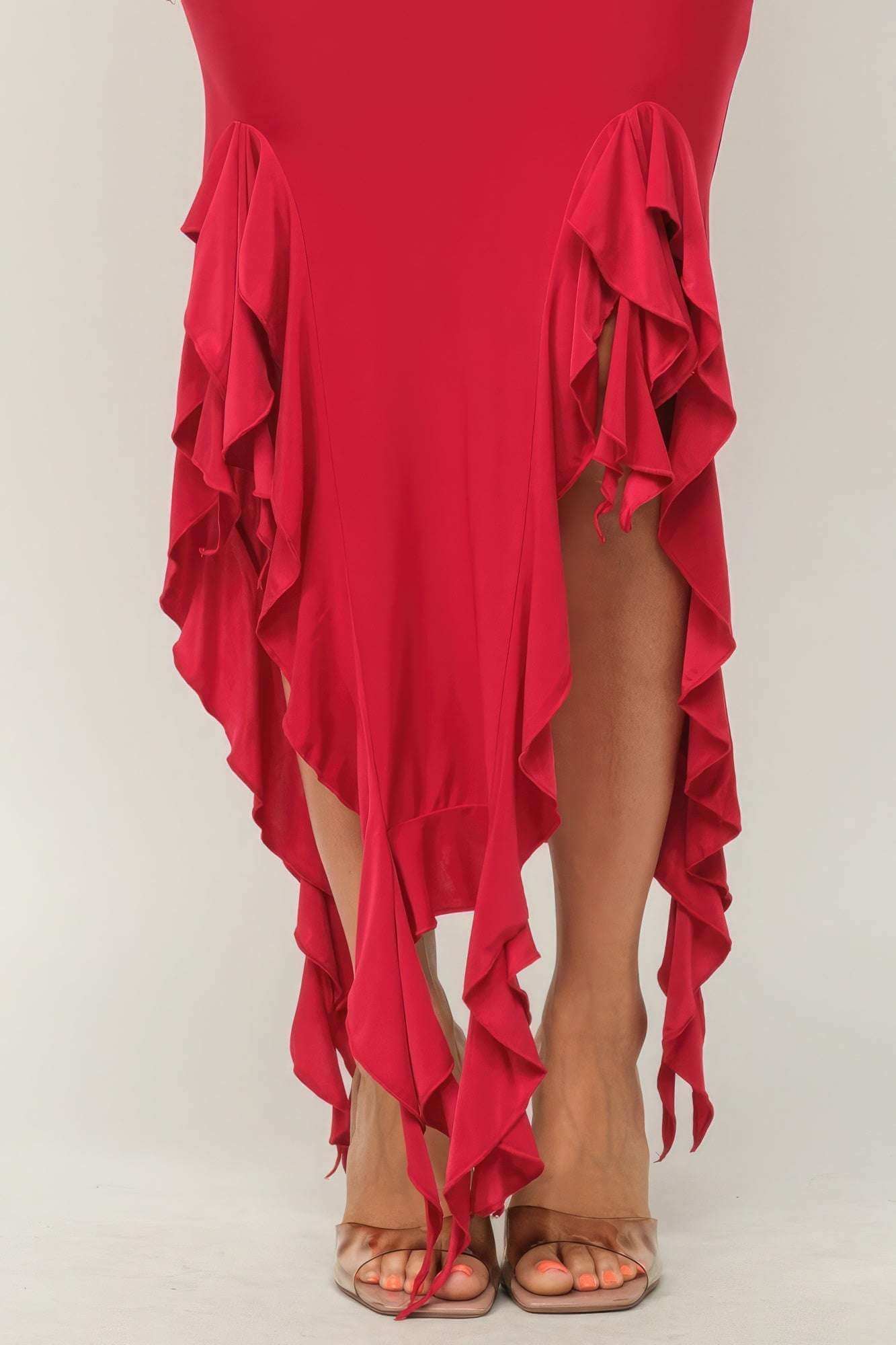 Solid Bottom Ruffle Trim Hem Slit Tube Maxi Dress - The Diva Goddess