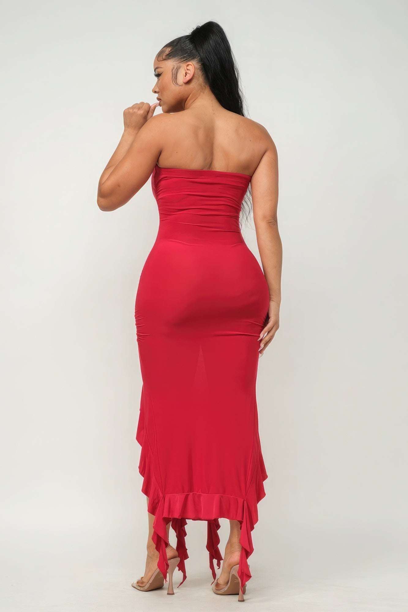 Solid Bottom Ruffle Trim Hem Slit Tube Maxi Dress - The Diva Goddess