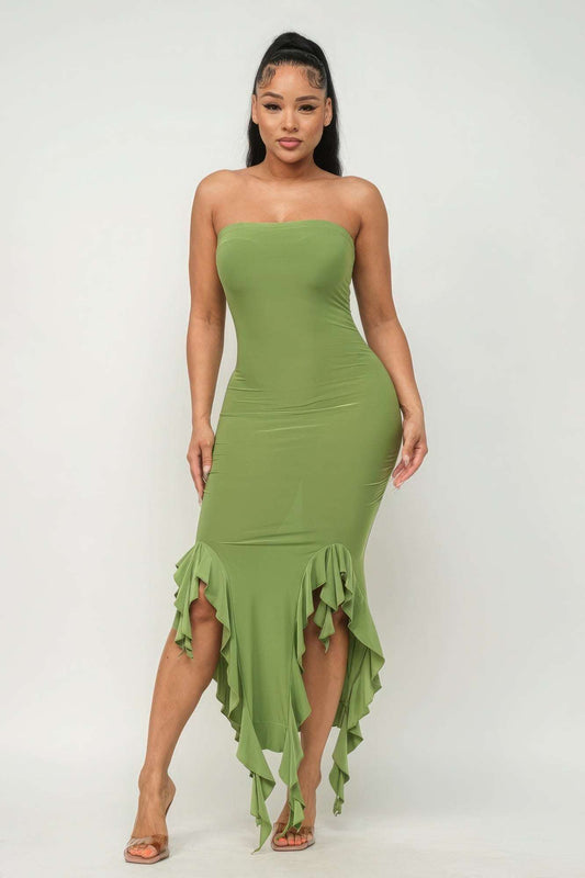 Solid Bottom Ruffle Trim Hem Slit Tube Maxi Dress - The Diva Goddess