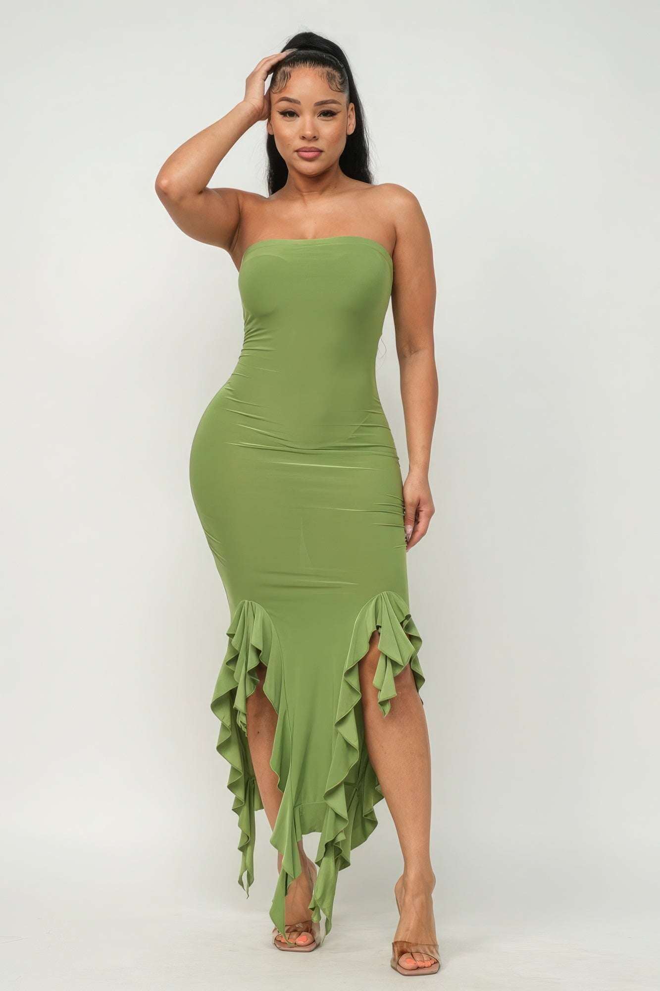 Solid Bottom Ruffle Trim Hem Slit Tube Maxi Dress - The Diva Goddess