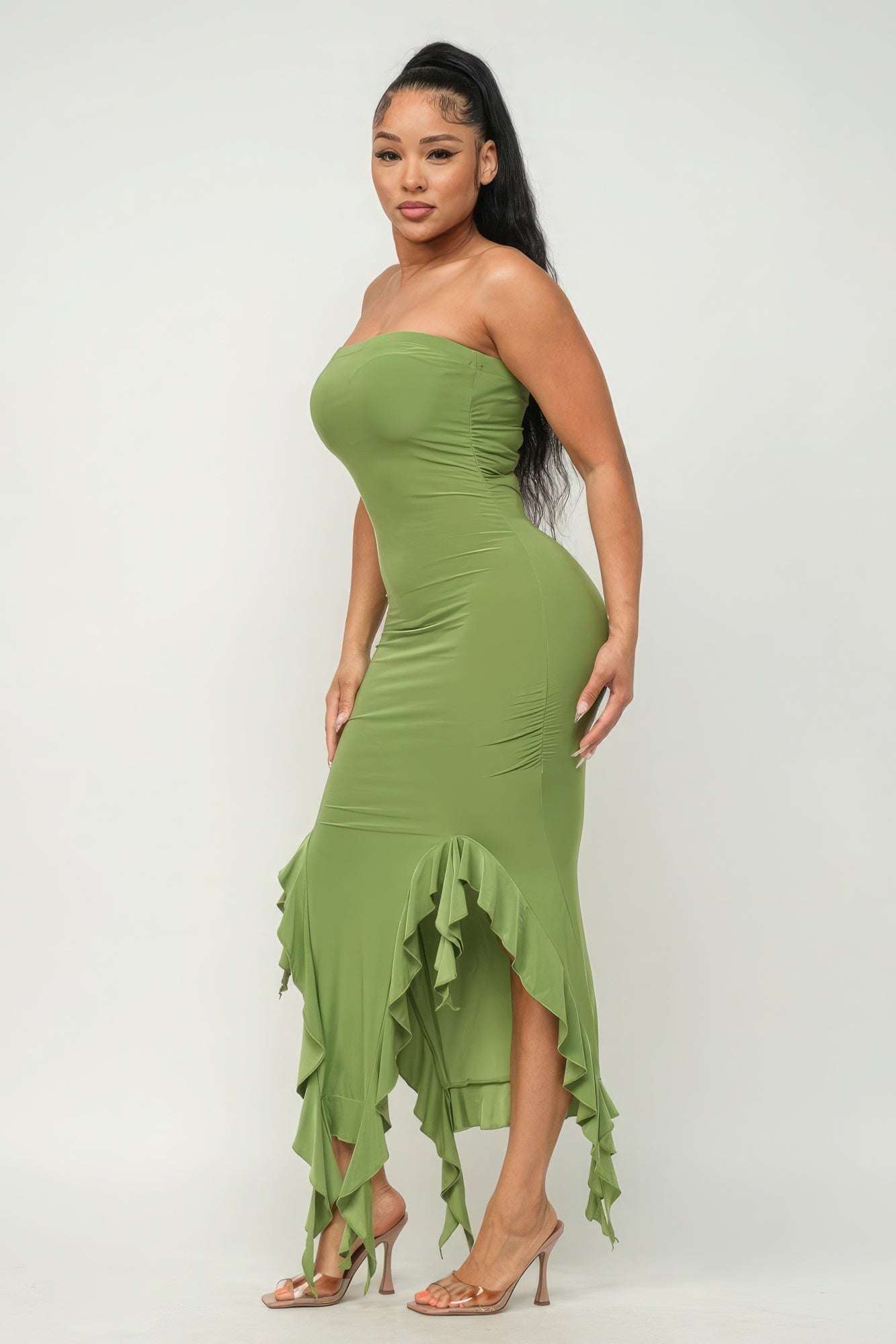 Solid Bottom Ruffle Trim Hem Slit Tube Maxi Dress - The Diva Goddess