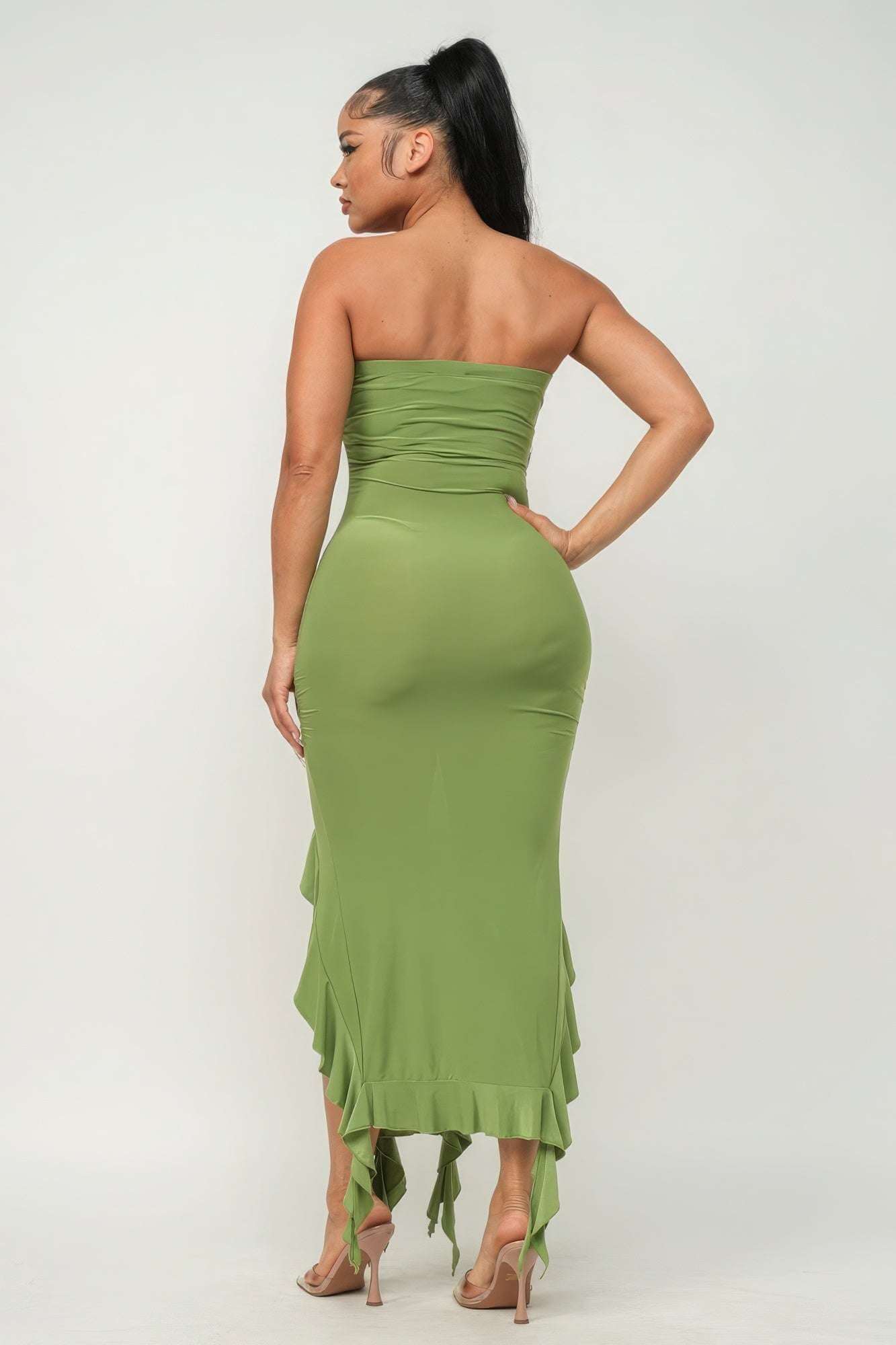 Solid Bottom Ruffle Trim Hem Slit Tube Maxi Dress - The Diva Goddess