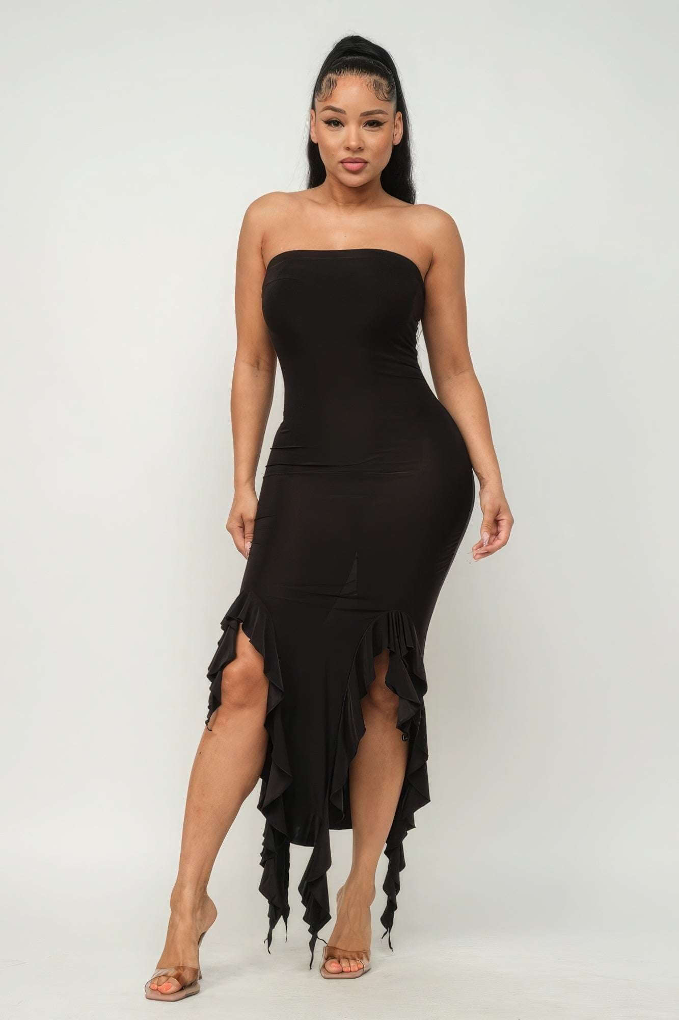 Solid Bottom Ruffle Trim Hem Slit Tube Maxi Dress - The Diva Goddess