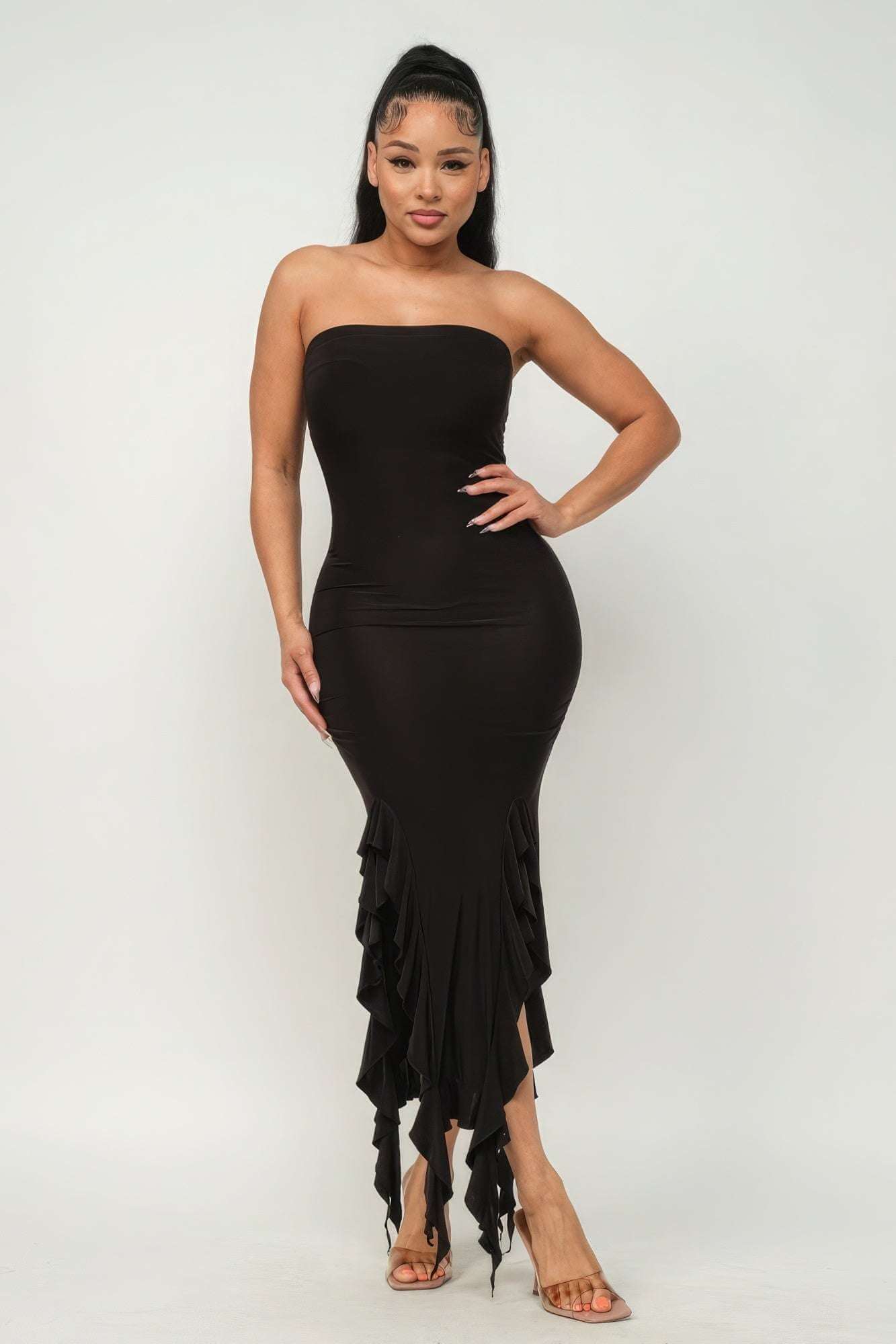 Solid Bottom Ruffle Trim Hem Slit Tube Maxi Dress - The Diva Goddess