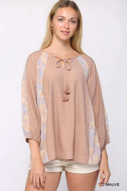 Solid Crinkle And Print Mix Raglan Sleeve Top With Tassel Tie - The Diva Goddess