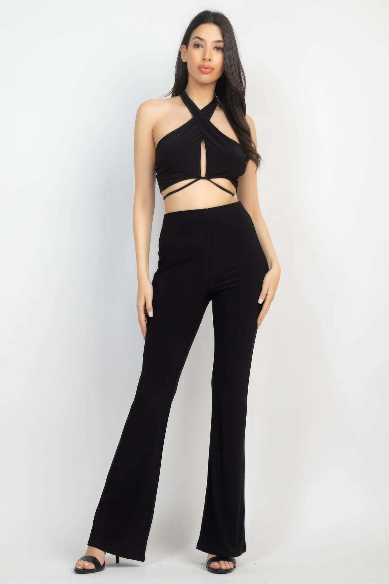 Solid Halter Top And Elastic Leggings Set - The Diva Goddess