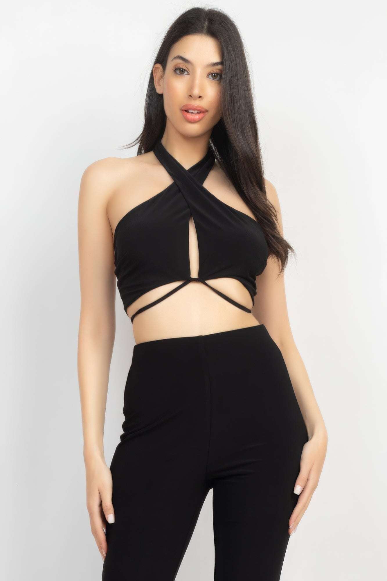 Solid Halter Top And Elastic Leggings Set - The Diva Goddess