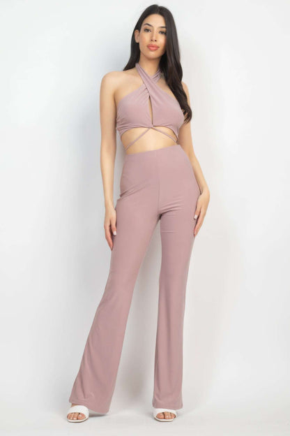 Solid Halter Top And Elastic Leggings Set - The Diva Goddess