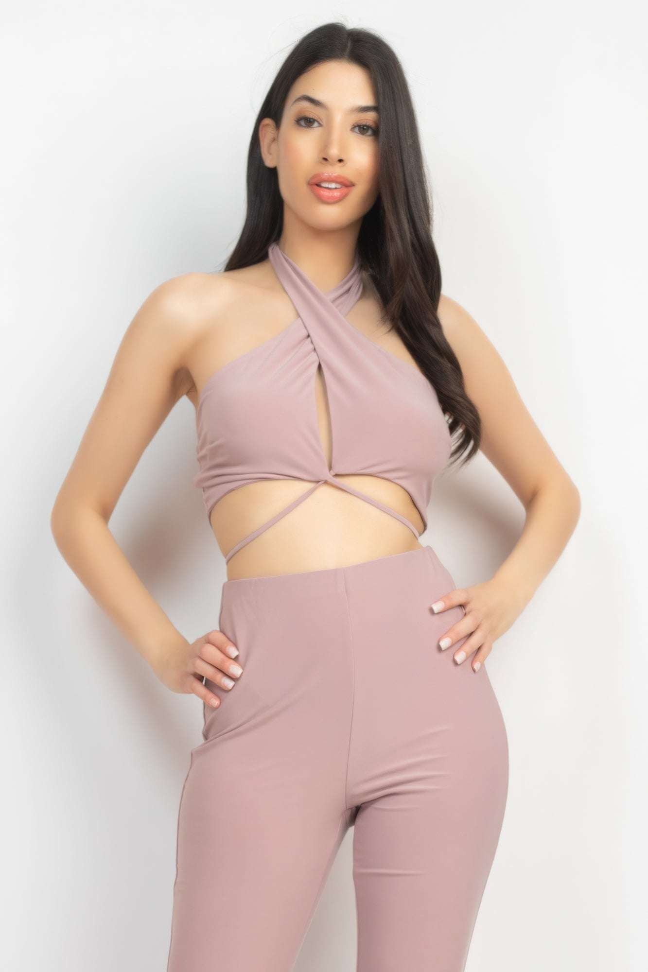 Solid Halter Top And Elastic Leggings Set - The Diva Goddess