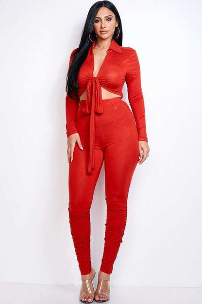 Solid Heavy Rayon Spandex Collared Tie Front Top And Ruched Pants Two Piece Set - The Diva Goddess