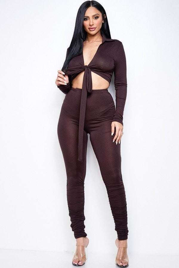 Solid Heavy Rayon Spandex Collared Tie Front Top And Ruched Pants Two Piece Set - The Diva Goddess