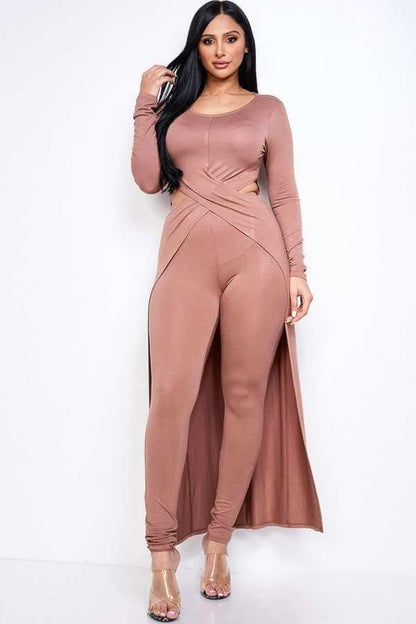 Solid Heavy Rayon Spandex Long Sleeve Crossed Over Long Top And Leggings 2 Piece Set - The Diva Goddess