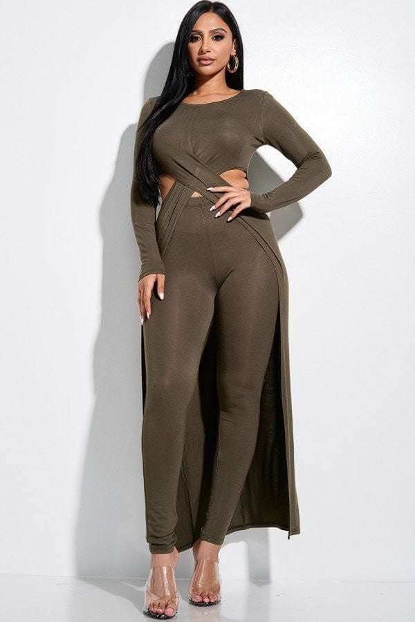 Solid Heavy Rayon Spandex Long Sleeve Crossed Over Long Top And Leggings 2 Piece Set - The Diva Goddess