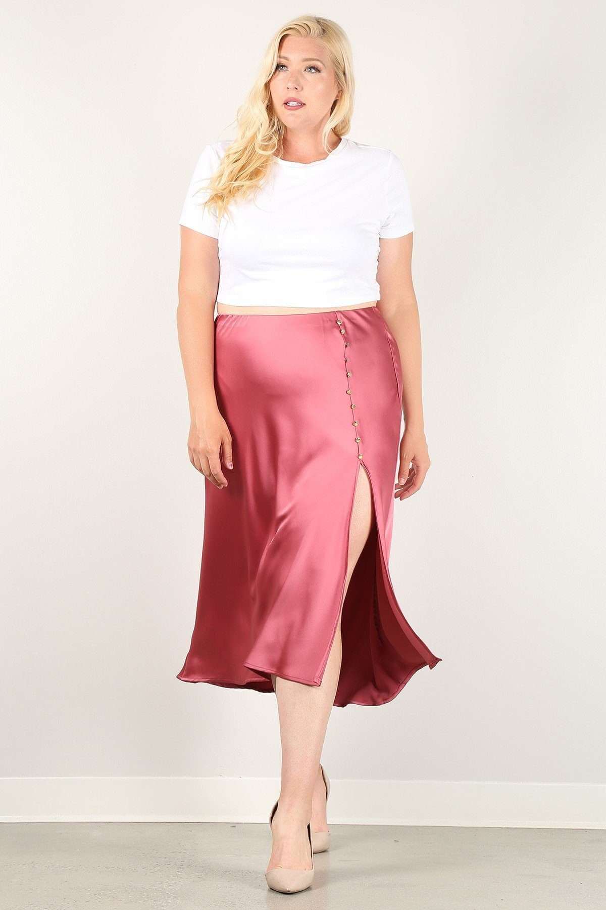 Solid High-waist Skirt With Button Trim And Side Slit - The Diva Goddess