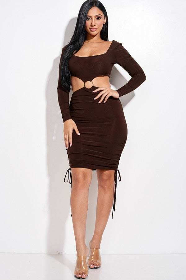 Solid Long Sleeve Ruched Short Dress With O Ring - The Diva Goddess