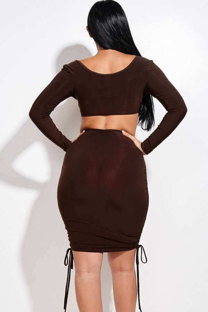 Solid Long Sleeve Ruched Short Dress With O Ring - The Diva Goddess