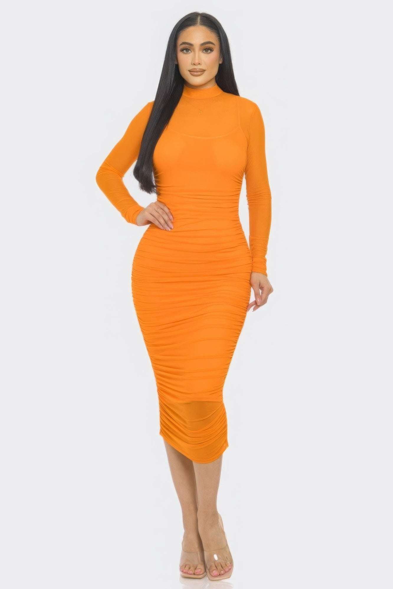 Solid Mesh Ruched Midi Dress - The Diva Goddess