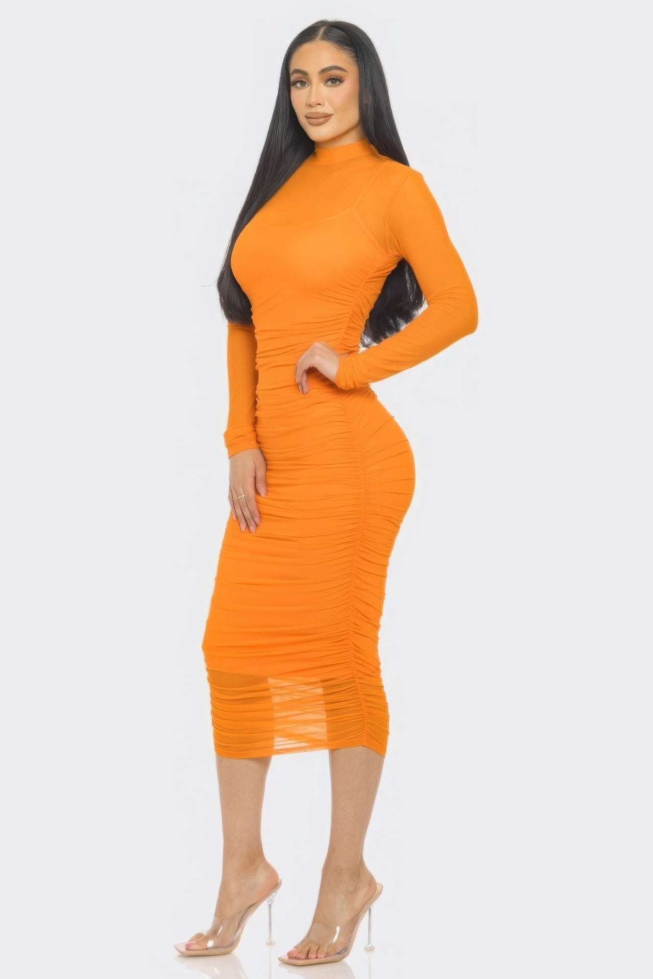 Solid Mesh Ruched Midi Dress - The Diva Goddess