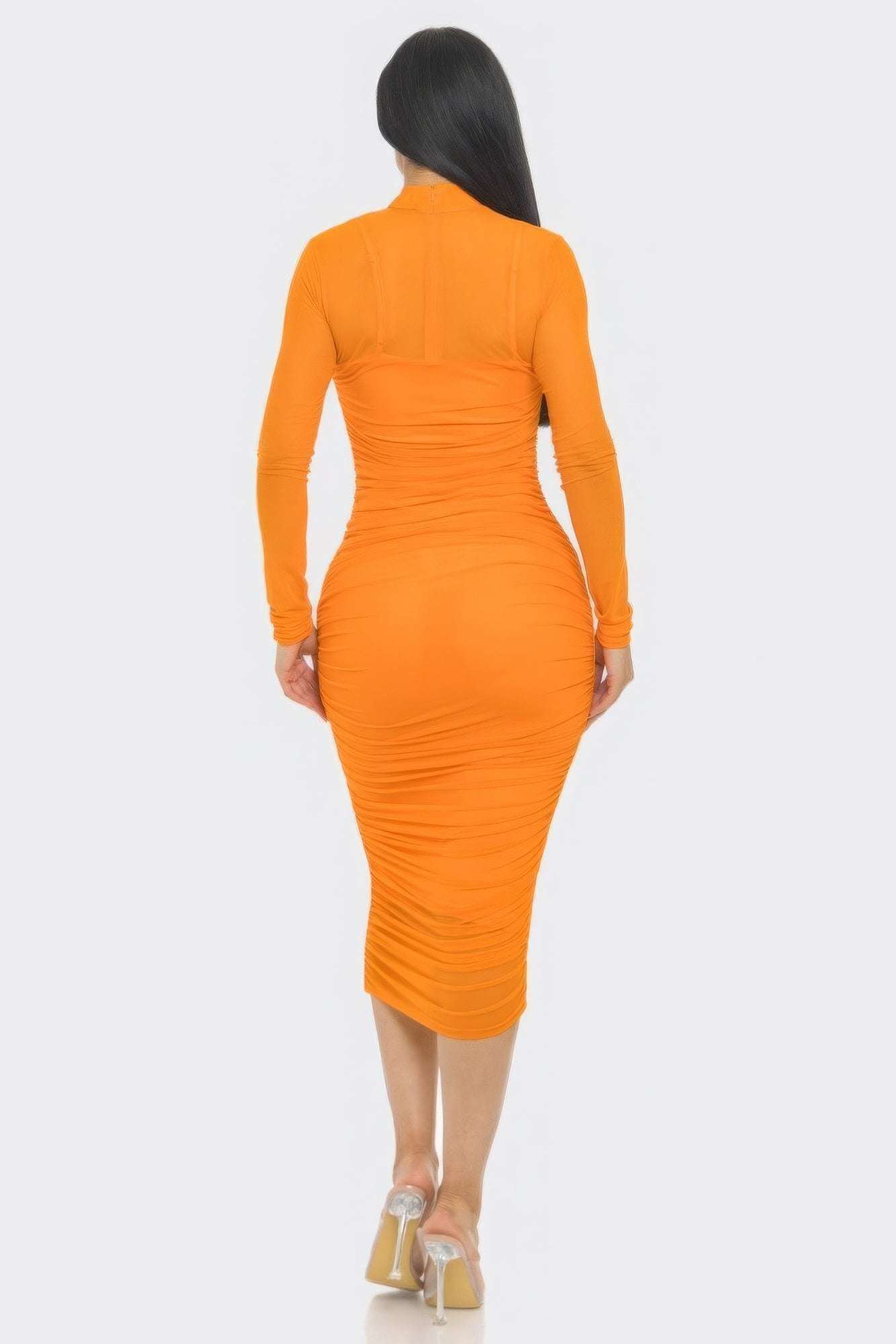 Solid Mesh Ruched Midi Dress - The Diva Goddess