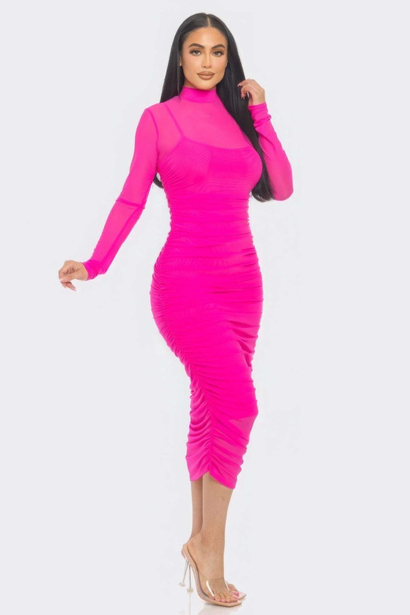 Solid Mesh Ruched Midi Dress - The Diva Goddess