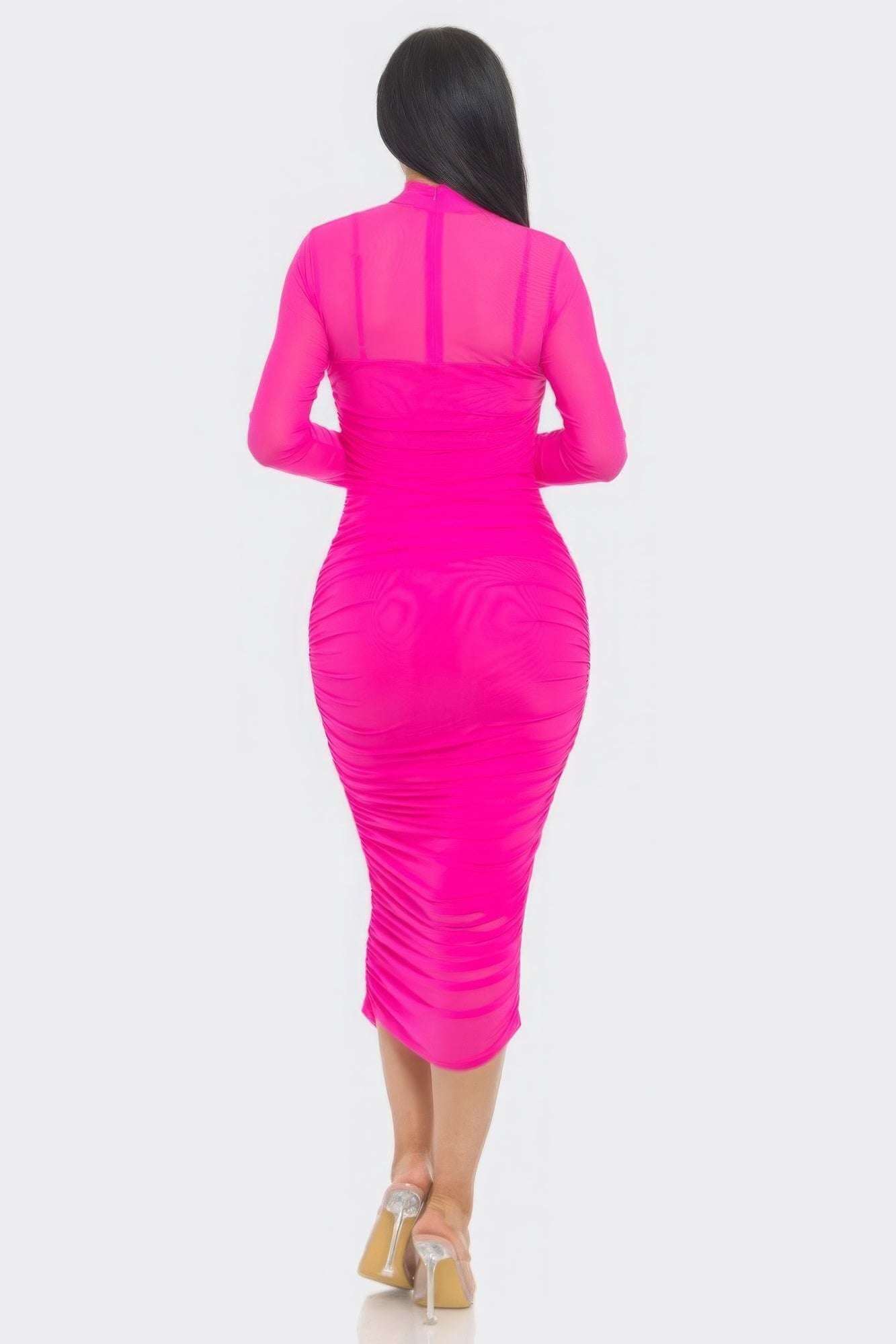 Solid Mesh Ruched Midi Dress - The Diva Goddess