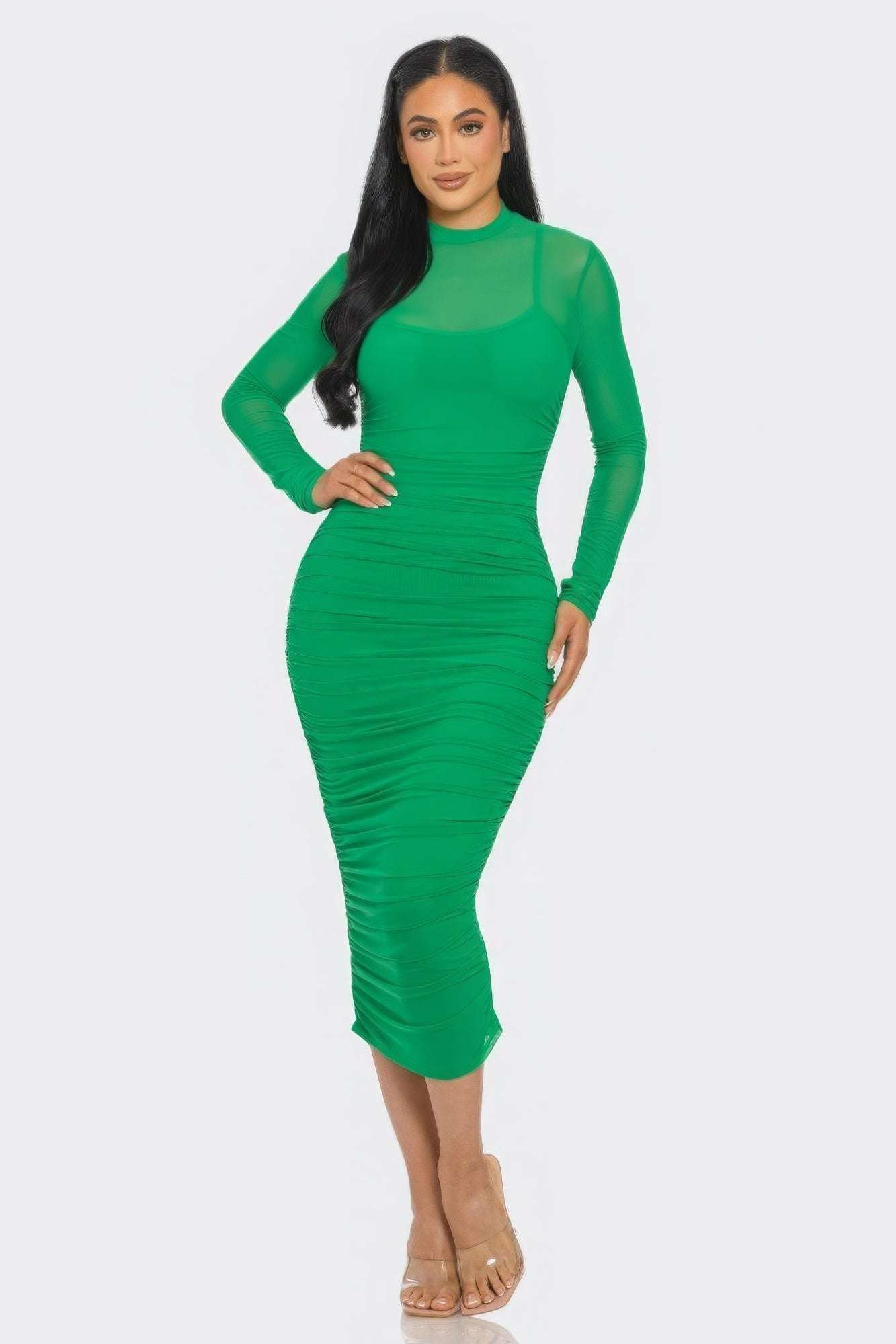 Solid Mesh Ruched Midi Dress - The Diva Goddess