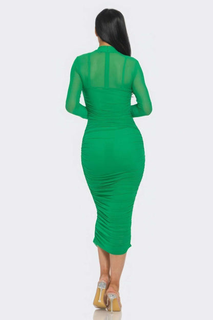 Solid Mesh Ruched Midi Dress - The Diva Goddess