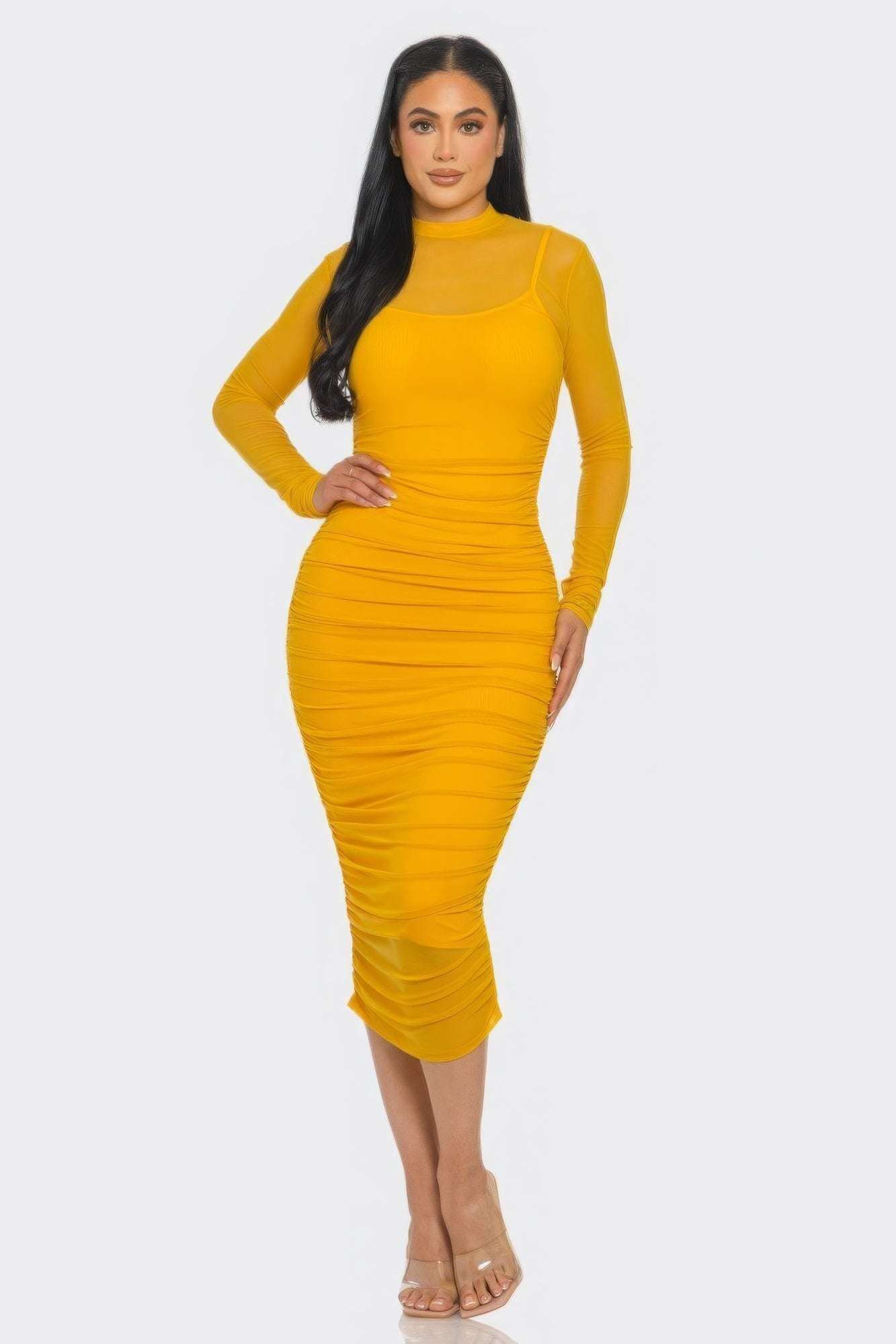 Solid Mesh Ruched Midi Dress - The Diva Goddess