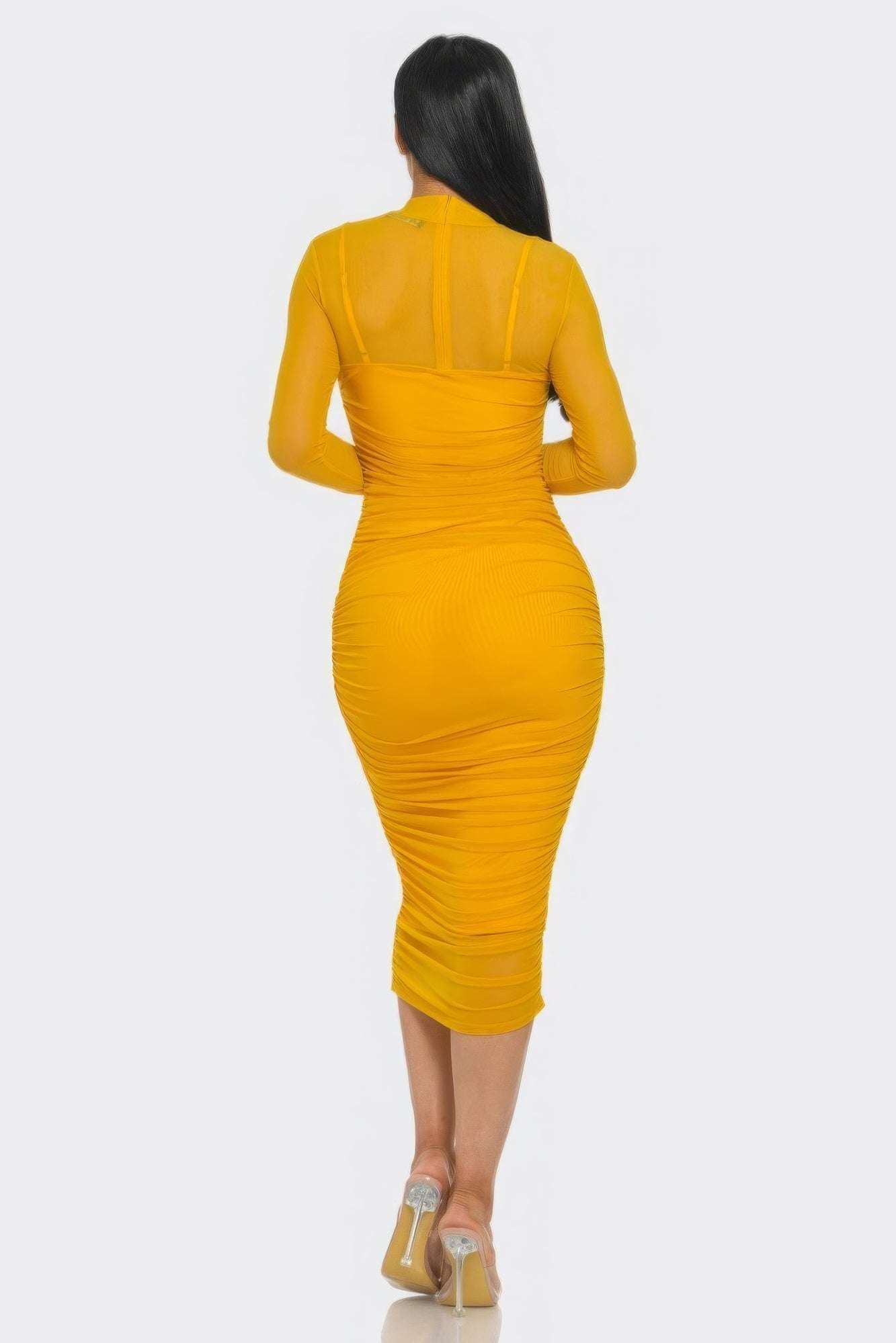 Solid Mesh Ruched Midi Dress - The Diva Goddess