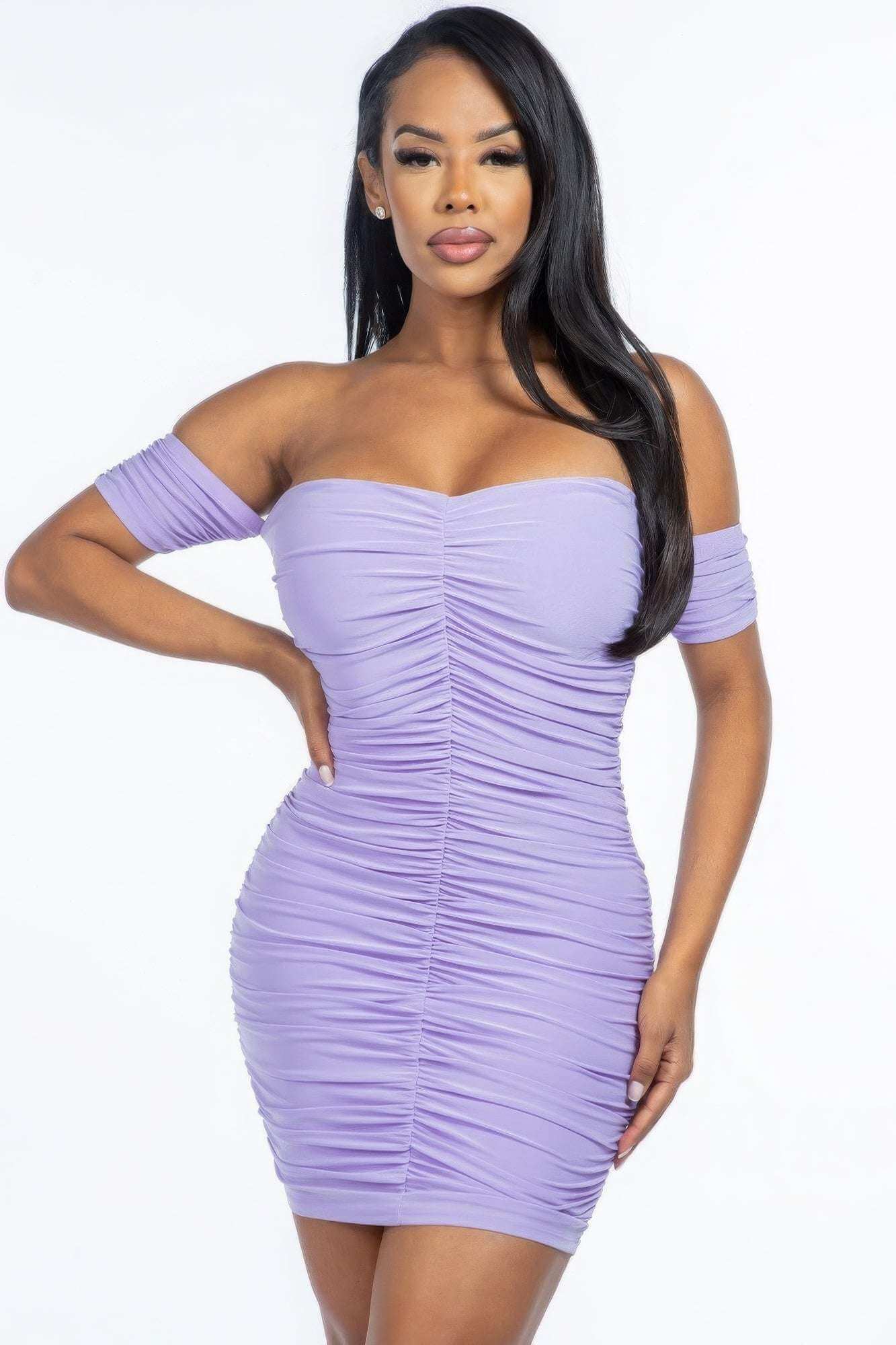 Solid Off The Shoulder Ruched Mini Dress - The Diva Goddess