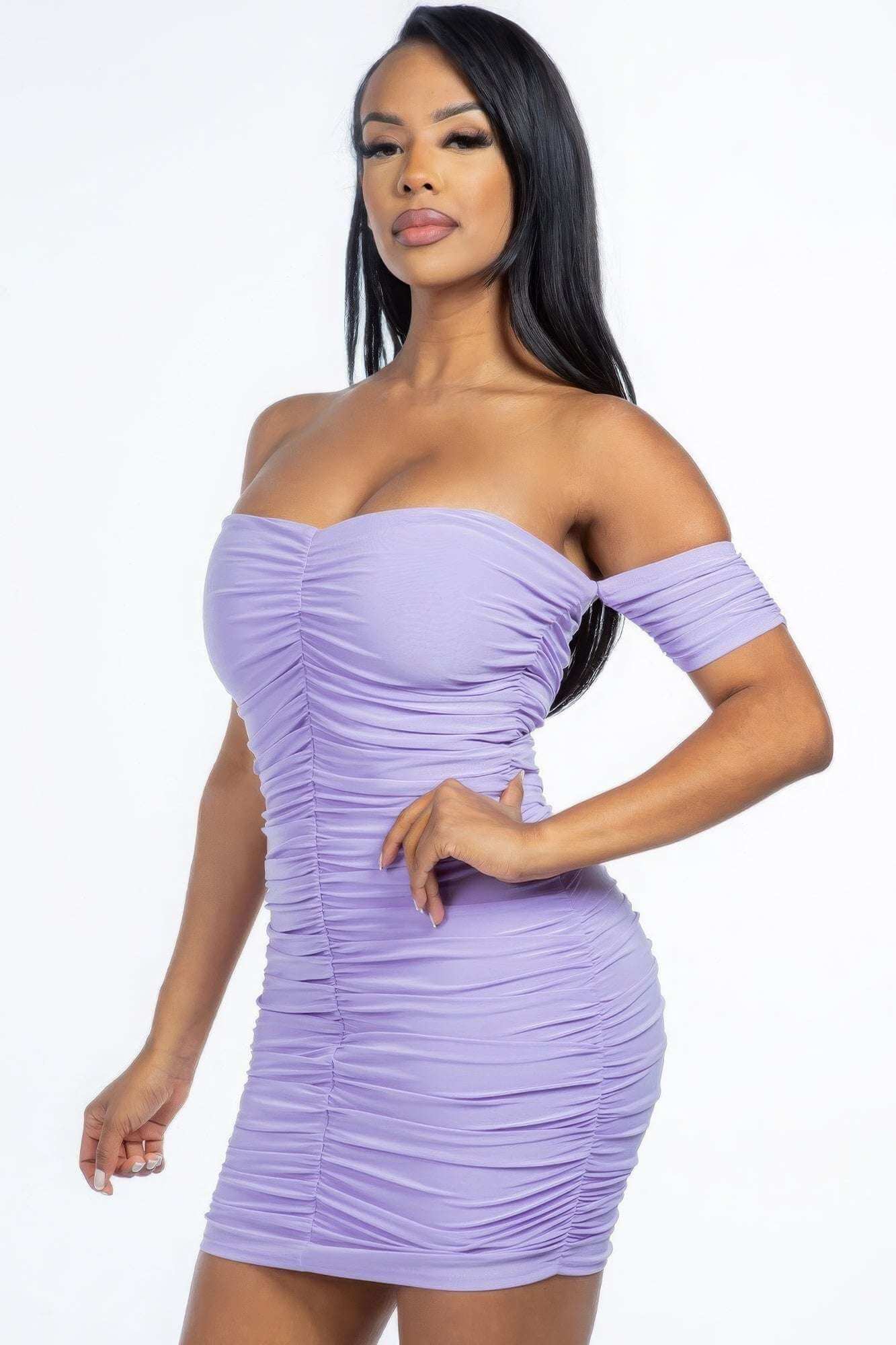 Solid Off The Shoulder Ruched Mini Dress - The Diva Goddess